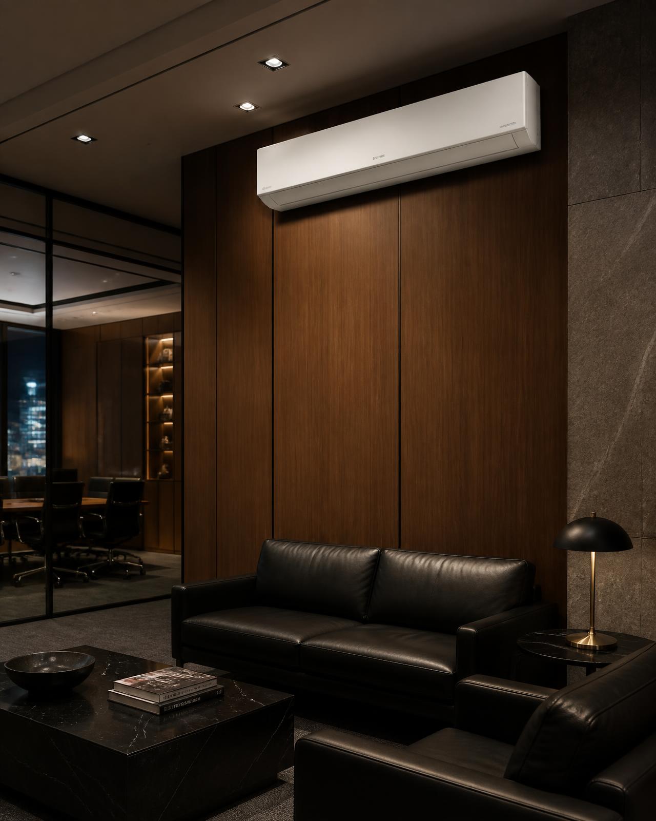 Piso‑teto em lounge corporativo